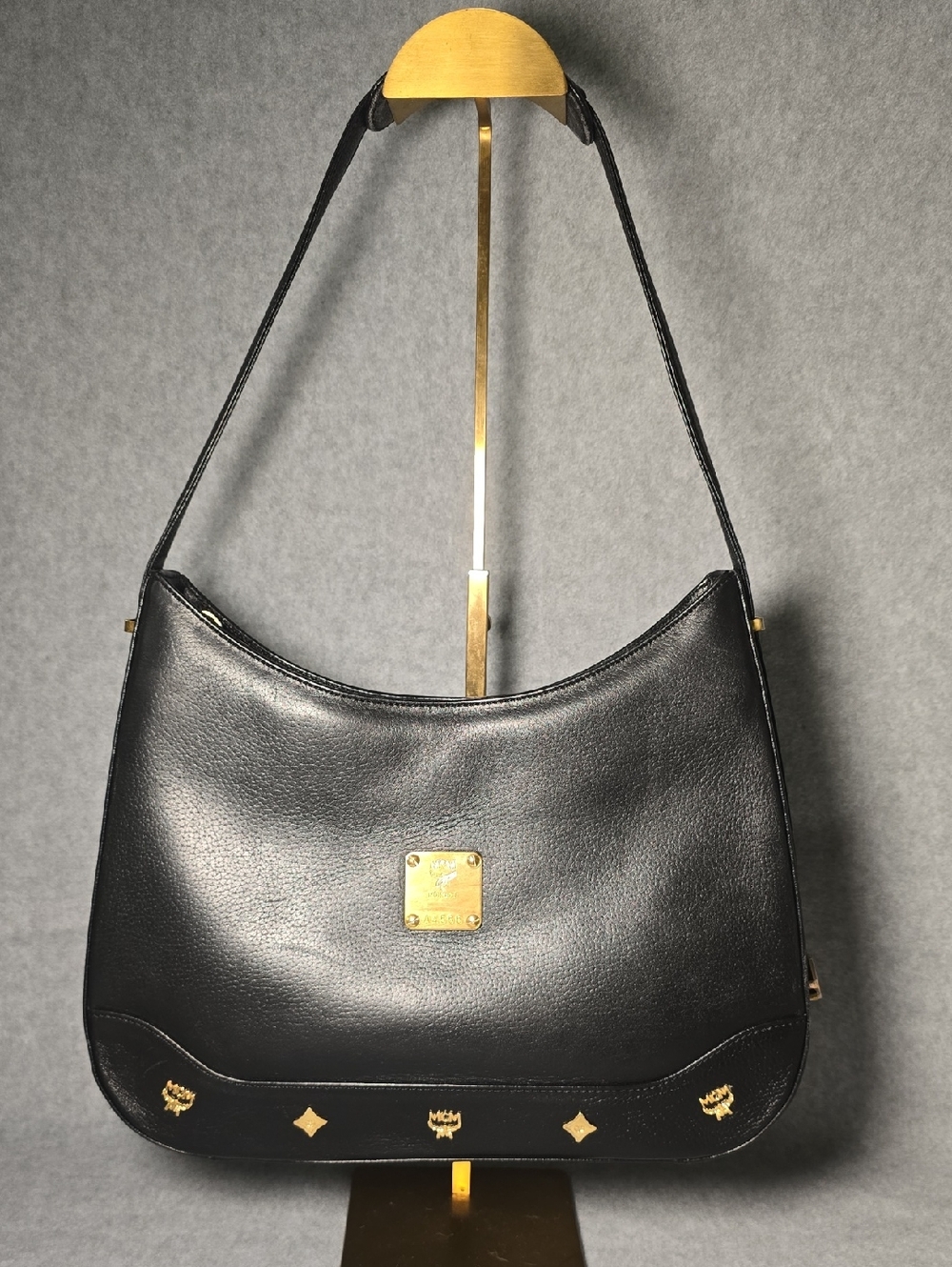 MCM Black Leather Shoulder Hobo with Gold Plaque